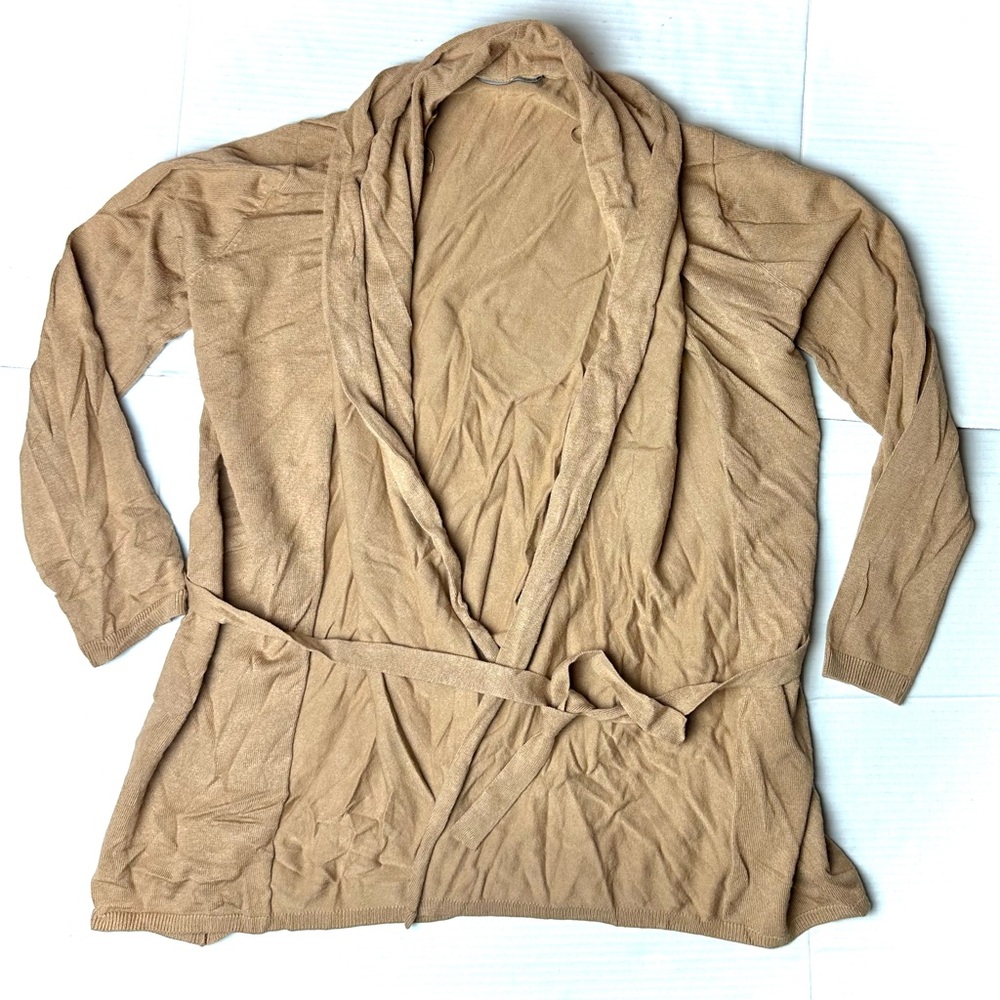 Zara Knit‎ Womens Small Brown Tan Kimono Cardigan Sweater Tie Waist Preppy